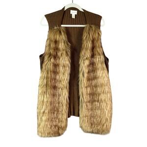 Chico's  Faux Fur Collar Wool Blend Gold Brown Fall Winter Vest Size 2/L